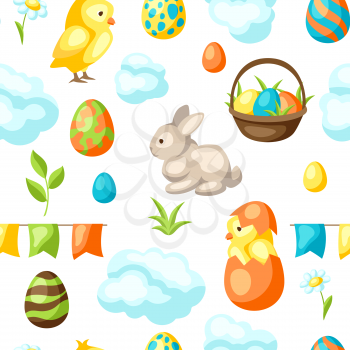 Happy Easter seamless pattern with holiday items. Decorative symbols and objects.
