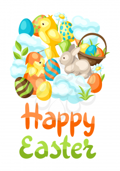 Happy Easter greeting card with holiday items. Decorative symbols and objects.
