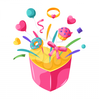 Happy Valentine Day box with splashes. Holiday illustration with romantic items and love symbols.