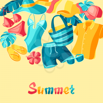 Background with beachwear and swimwear. Summer clothes and accessories. Seasonal sale or fashion illustration for advertising.