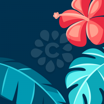 Background with hibiscus flowers and palm leaves. Tropical floral decorative illustration.