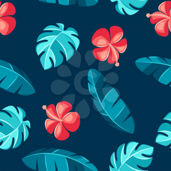 Seamless pattern with hibiscus flowers and palm leaves. Tropical floral decorative background.