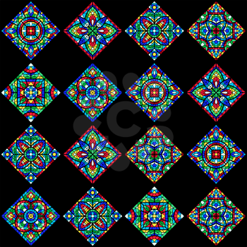 Stained-glass window with colored piece. Decorative mosaic ceramic tile pattern.