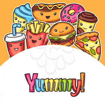 Background with cute kawaii fast food meal. Tasty funny characters of fastfood.