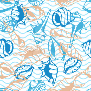 Seamless pattern with seashells. Tropical underwater mollusk shells decorative illustration.