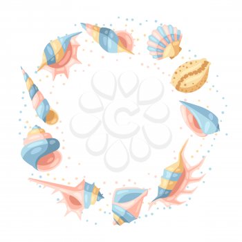 Frame with seashells. Tropical underwater mollusk shells decorative illustration.