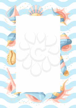 Frame with seashells. Tropical underwater mollusk shells decorative illustration.