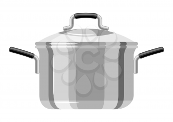Illustration of steel cooking pan. Stylized kitchen and restaurant utensil item.