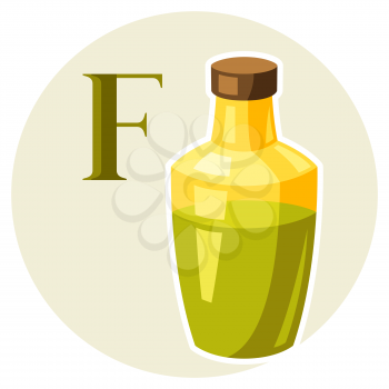 Illustration of stylized olive oil. Bottle icon. Food product.