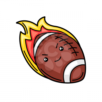 Kawaii illustration of burning rugby ball. Cute funny sport characters.