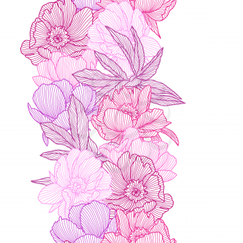 Seamless pattern with linear peonies. Beautiful decorative stylized summer flowers.