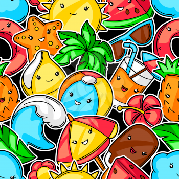 Seamless pattern with summer items. Vacation and beach funny character.