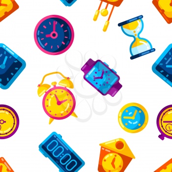 Seamless pattern with different clocks. Stylized icons and objects for design and applications.