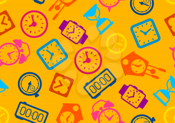 Seamless pattern with different clocks. Stylized icons and objects for design and applications.