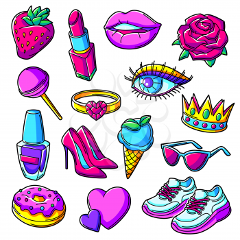 Set of fashion girlish patches. Colorful cute teenage illustration. Creative girls symbols in modern style.