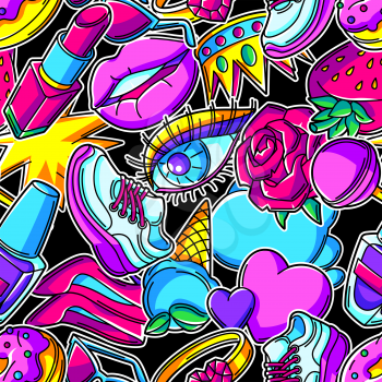 Seamless pattern with fashion girlish patches. Colorful cute teenage background. Creative girls symbols in modern style.