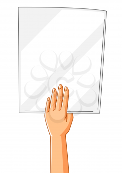 Illustration of hand with banner. Picket sign or protest placard on demonstration or protest. People holding blank demonstration poster.