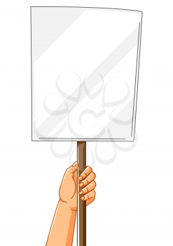 Illustration of hand with banner. Picket sign or protest placard with wooden stick on demonstration or protest. People holding blank demonstration poster.