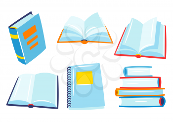 Set of books for school and education. Various stylized open and closed books.