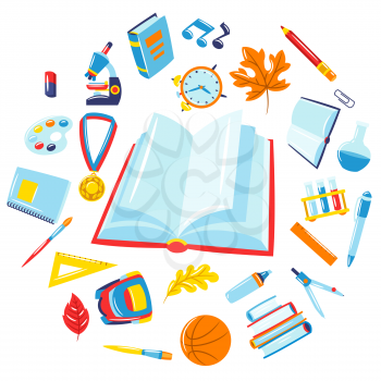 School background with education items. Illustration of colorful supplies and stationery.