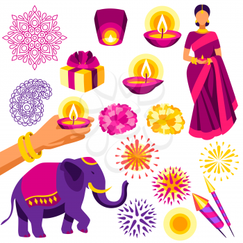 Happy Diwali traditional symbols collection. Deepavali or dipavali festival of lights. Indian Holiday image of traditional symbol.