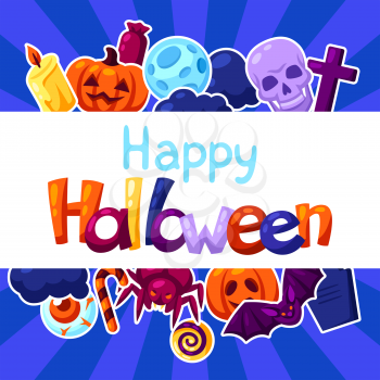 Happy Halloween greeting card with celebration items. Illustration or background for holiday and party.