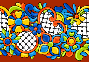 Mexican talavera seamless pattern. Decorative background with ornamental flowers. Traditional tile decorative objects. Ethnic folk ornament.