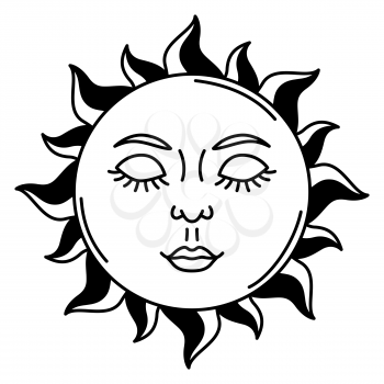 Magic bohemian sun. Mystic, alchemy, spirituality, tattoo art. Isolated vector illustration. Black and white simbol.