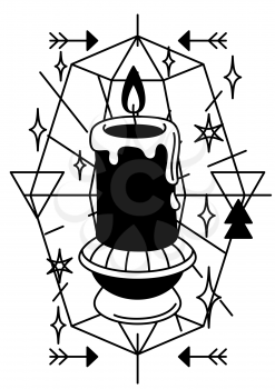 Magic illustration with candle. Mystic, alchemy, spirituality and tattoo art. Isolated vector print. Black and white magical simbol.