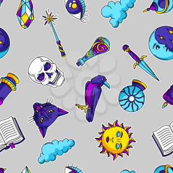 Magic seamless pattern with mystery items. Mystic, alchemy, spirituality symbols. Cartoon magical background.