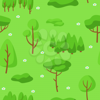 Summer seamless pettern with forest, trees and bushes. Seasonal nature illustration.