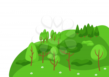 Summer landscape with forest, trees and bushes. Seasonal nature illustration.