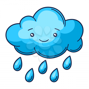 Illustration of cute kawaii cloud with rain. Funny seasonal child illustration. Cartoon stylized character.