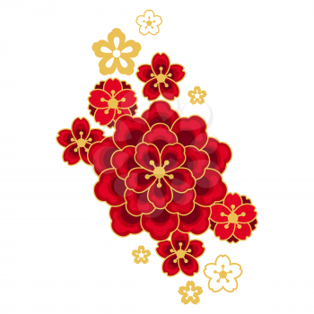 Illustration of blossoming sakura and peonies. Decorative oriental symbol for design of cards and invitations. Asian tradition element.