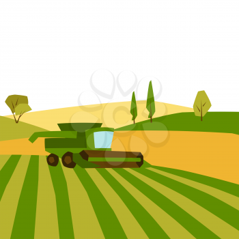 Combine harvester on wheat field. Agricultural illustration farm rural landscape. Seasonal nature background.