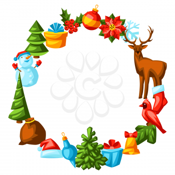 Merry Christmas frame design. Holiday decorations in cartoon style. Happy celebration.