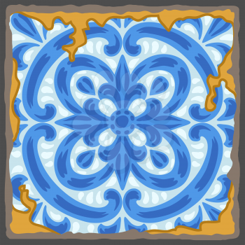 Portuguese azulejo vintage ceramic tile pattern. Old grunge background with chipped enamel tile. Italian pottery or spanish majolica. Mediterranean traditional ornament.