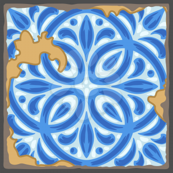 Portuguese azulejo vintage ceramic tile pattern. Old grunge background with chipped enamel tile. Italian pottery or spanish majolica. Mediterranean traditional ornament.