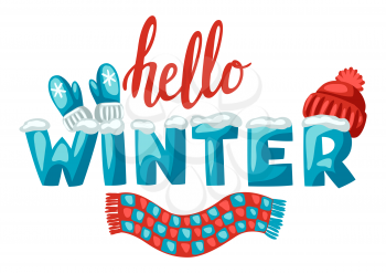 Cute clothes mittens, hat and scarf. Winter stylized illustration. Merry Christmas holiday and vacation time.