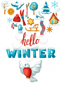 Winter seasonal background. Outdoor leisure and cute fun things. Merry Christmas holiday and vacation time.