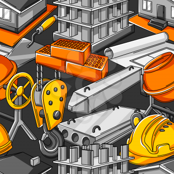 Seamless pattern with housing construction items. Industrial repair or building tools and symbols.