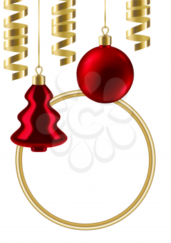 Merry Christmas invitation or greeting card with balls and serpentine. Happy New Year celebration. Holiday gradient mesh illustration.