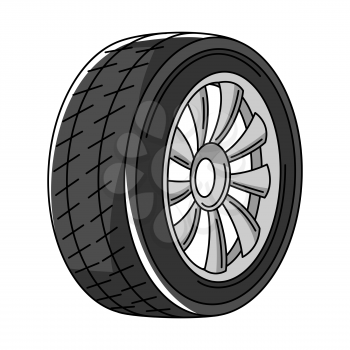 Illustration of car wheel with disk. Auto center repair item. Business icon. Transport service image for advertising.