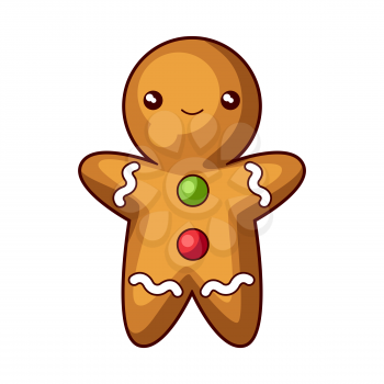 Illustration of funny gingerbread man. Sweet Merry Christmas item. Cute symbol in cartoon style.