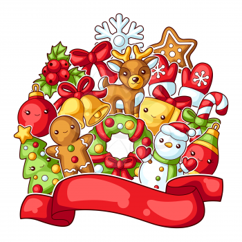 Sweet Merry Christmas greeting card. Cute characters and symbols. Holiday background in cartoon style. Happy lovely celebration.