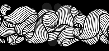 Seamless pattern with wave line curls. Monochrome stripes black and white texture. Wavy abstract fur or hair.