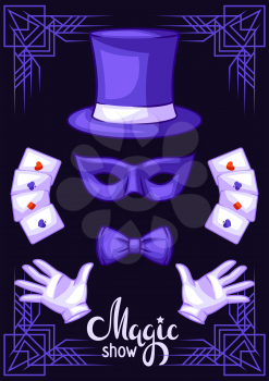 Magician background with magic items. Illusionist show or performance banner. Cartoon style illustration of tricks and sorcery.