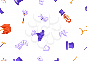 Magician seamless pattern with magic items. Illusionist show or performance background. Cartoon style illustration of tricks and sorcery.