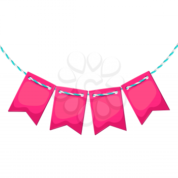 Illustration of pink flags on rope. Image for Valentine Day. For design and decoration.