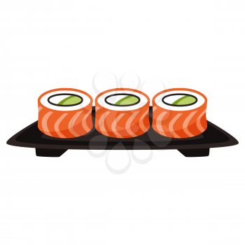 Illustration of sushi rolls. Food item for bars, restaurants and shops. Icon or promotional image.